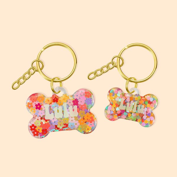 Personalised Flowers Love Heart Pet Tag Dog Tag Cat Tag Resin Iridescent Sequins Pet ID