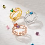 Bague avec Pierres de Naissance Personnalisées Design de Double Cœur Cadeau Anniversaire Fête des Mères pour Femme