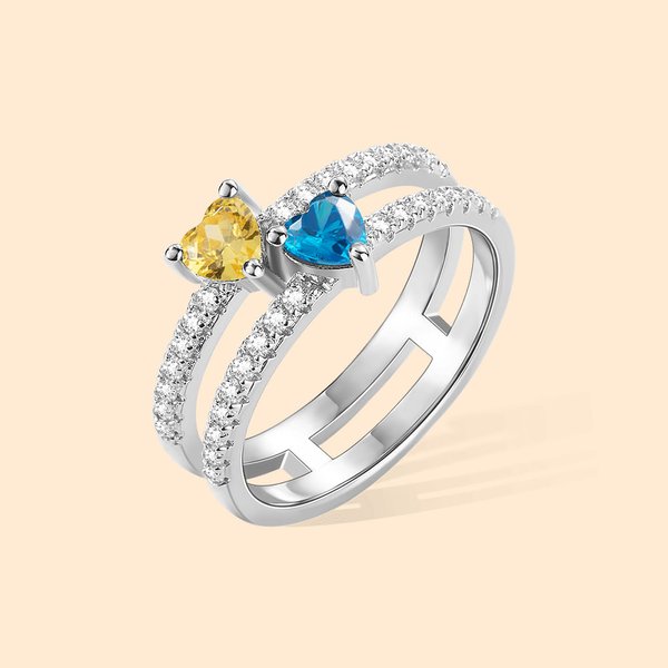 Anillo Personalizado Doble Corazón Piedras de Nacimiento Día de San Valentín Aniversario Cumpleaños Regalo