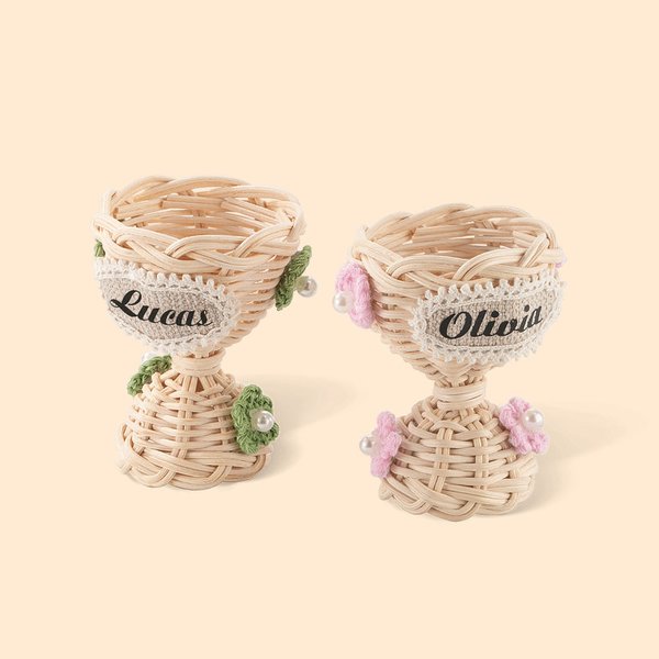 Personalized Plaited Rattan Easter Egg Cup with Flowers Egg Holder Easter Decoration