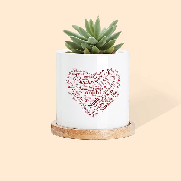 Pot de Fleurs Motif Cœur Personnalisé avec Noms des Membres de la Fmille Cadeau Fête des Mères pour Grand-Mère Maman