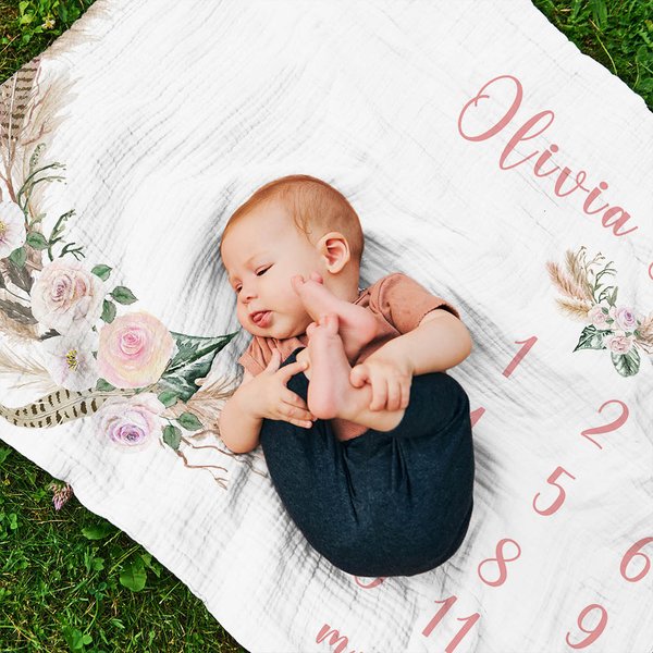 Fiori personalizzati Tracciamento mensile della crescita Coperta morbida e floreale Regalo per la festa del bebè per il neonato
