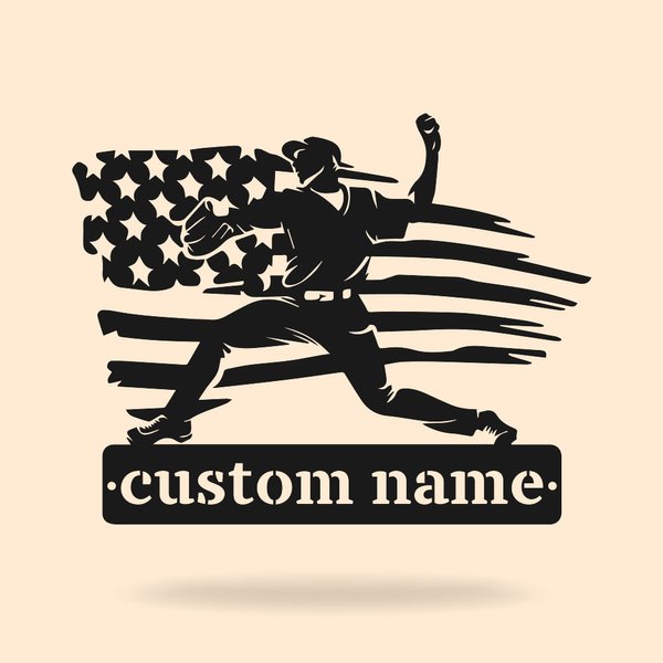 Personalized Baseball Player with American Flag Metal Wall Art Home Decor