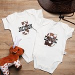 Personalised Cowhide Cowboy and Cowgirl Baby Onesie with Name for Coming Home Outfit Newborn Baby Shower Gift