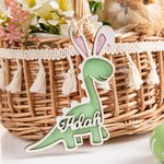 Etiquette en Bois Porte-nom de Dinosaure avec Oreilles de Lapin Décoration Personnalisée avec Nom Cadeau de Pâques pour Enfants pour Panier de Pâques