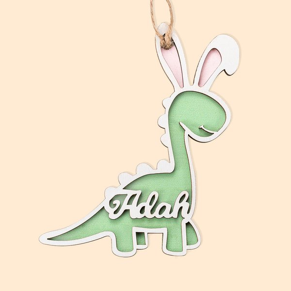 Personalizzato Dinosauro carino con orecchie di coniglio etichetta nome per bambini Pasqua Decor Crafts Cestino di Pasqua Tag ornamenti decorativi app