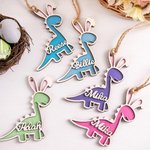 Etiquette en Bois Porte-nom de Dinosaure avec Oreilles de Lapin Décoration Personnalisée avec Nom Cadeau de Pâques pour Enfants pour Panier de Pâques