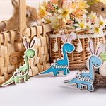 Etiquette en Bois Porte-nom de Dinosaure avec Oreilles de Lapin Décoration Personnalisée avec Nom Cadeau de Pâques pour Enfants pour Panier de Pâques