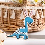 Etiquette en Bois Porte-nom de Dinosaure avec Oreilles de Lapin Décoration Personnalisée avec Nom Cadeau de Pâques pour Enfants pour Panier de Pâques