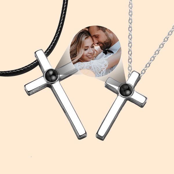 Collier Projection Personnalisée avec Photo Entourée de I Love You en 100 Langues Collier de Croix pour Couple