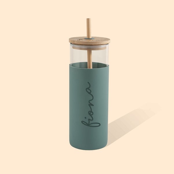 Personalised 17oz Glass Tumbler with Name Coffee Tumbler with Engraved Bamboo Lid Silicone Case and Straw Birthday Gift for Her