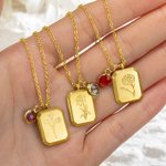 Collier Personnalisé avec Pierre de Naissance Fleur Vintage et Texte Collier Carré Cadeau d'Anniversaire pour Elle
