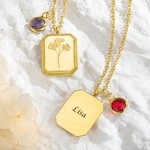 Collier Personnalisé avec Pierre de Naissance Fleur Vintage et Texte Collier Carré Cadeau d'Anniversaire pour Elle