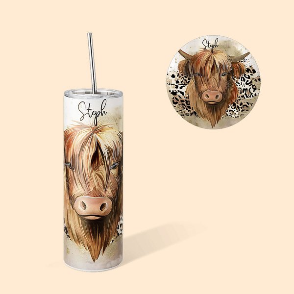 Personalised Highland Cow 20oz Food-Grade Skinny Tumbler with Straw and Name Christmas Birthday Gift for Highland Cow Lover