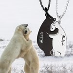 Personalised Engraved Hug Polar Bear Set of 2 Necklaces with Names Cute Jewellery Valentine's Day Gift for Couple
