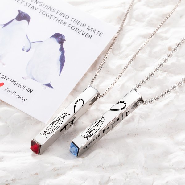 Personalized Penguin Matching Heart Couple Necklaces with Engraved Names Set of 2 Birthstone Jewelry Valentine's Day Anniversary Gift for Loved One