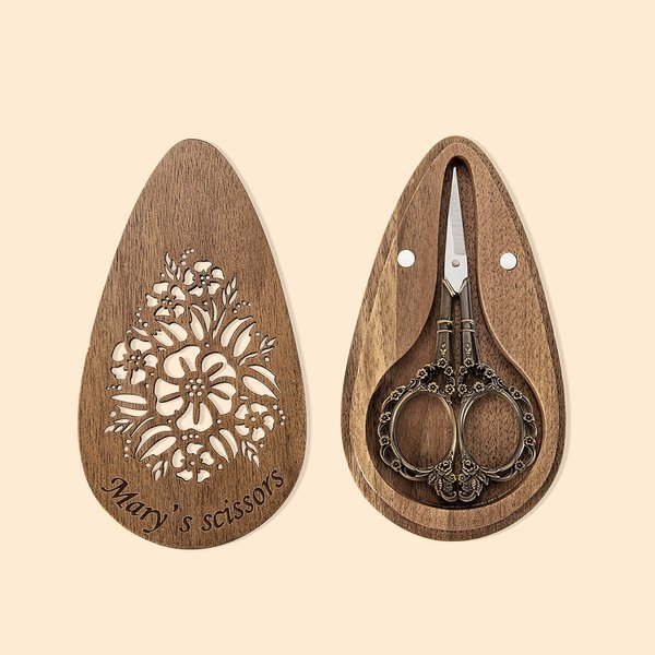 Personalised Vintage European Design Scissors with Engraved Wooden Magnetic Box Embroidery Sewing Handcraft Gift for Sewing Enthusiast
