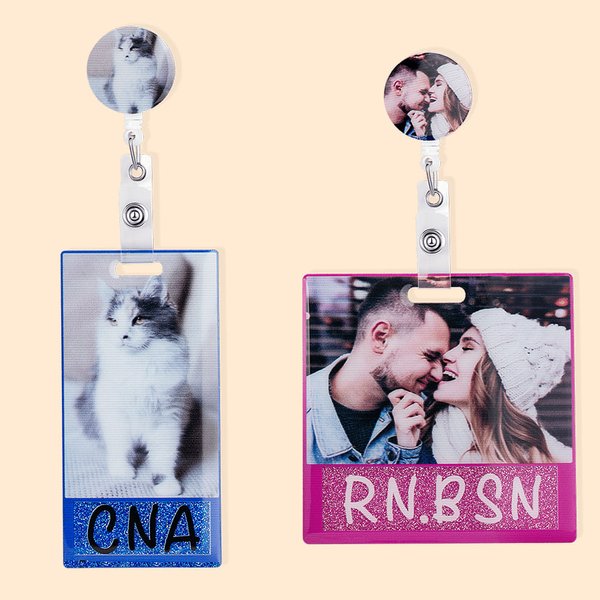 Personlig Glitter Badge Buddy Horisontell Vertikal Badge Reel Photo Badge Identifier ID Holder Sjuksköterska RN LPN CPhT Present