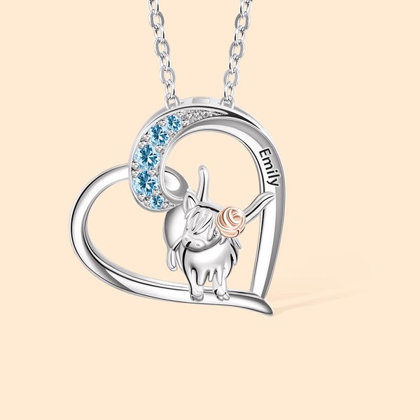 Personalizado Corazón Highland Vaca Collar con Piedra de Nacimiento y Nombre para Madre Hija Novia Joyería Regalo