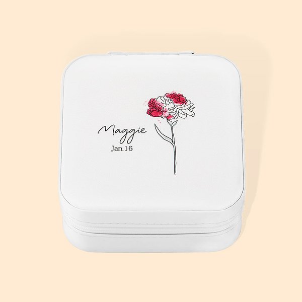 Boîte à Bijoux en Cuir PU Personnalisée avec Fleur de Naissance et Nom Cadeau pour Femme