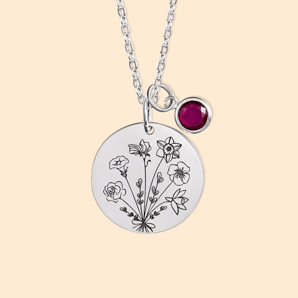Collier Medaille Personnalisée avec Fleur de Naissance Gravée Pendentif Pièce de Monnaie Cadeau Fête pour Femme Maman Grand-Mère Sœur Amie
