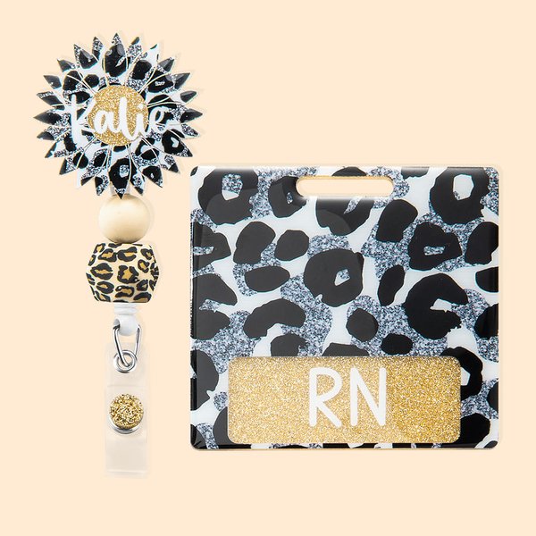 Enrouleur de badge rétractable personnalisé tournesol léopard pailleté et perles à la mode Cadeau pour le personnel médical