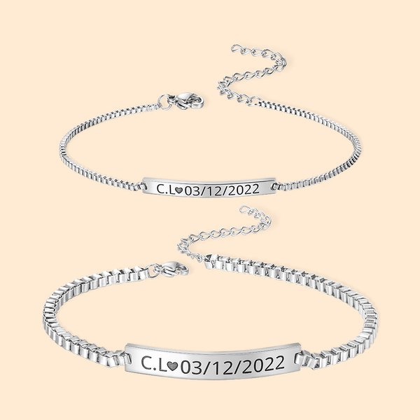 Personalized Stainless Steel Couple Bar Bracelet with Engraved Text Birthday Valentine Gift for Friends Couple