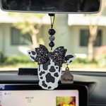 Personalised Highland Cattle Cow with Bow Rear View Mirror Wood Car Charm with Engraved Name Tag Birthday Gift for Cow Lover