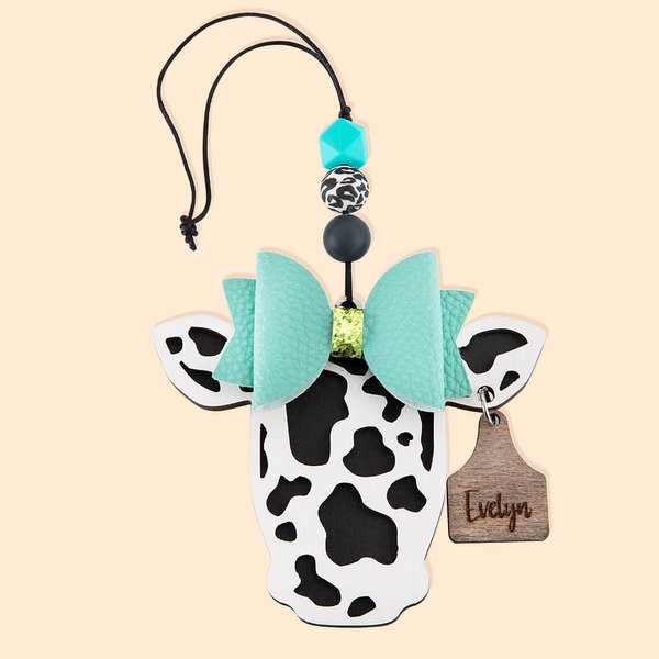 Personalised Highland Cattle Cow with Bow Rear View Mirror Wood Car Charm with Engraved Name Tag Birthday Gift for Cow Lover