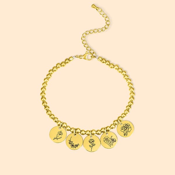 Personalised New Birth Flower Charm Bracelet Multi-Discs Mother's Day Valentine's Day Birthday Anniversary Gift for Mother Wife Girlfriend Bridesmaid
