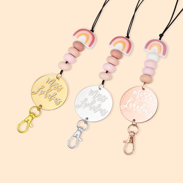 Porte-badge arc-en-ciel avec nom - Lanyard perlé - Cadeau d'enseignant personnalisé rose