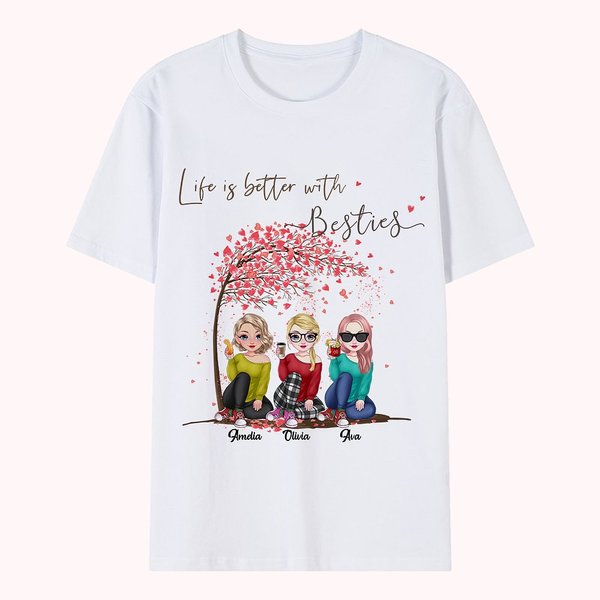 Maglietta personalizzata Life is Better with Besties Sitting Under Tree Cheers Regalo per le amiche del cuore