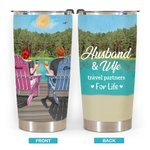 Personalised Travel Partners for Life Couple on Chairs with Lakeside View 20oz Tumbler Valentine's Day Gift for Hot and Cold Drinks