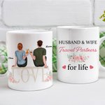 Gepersonaliseerde Husband and Wife Travel Partners for Life Couple Cheers Witte Keramische Mok Couple Gift 11oz of 15oz