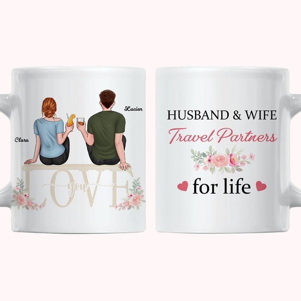 Gepersonaliseerde Husband and Wife Travel Partners for Life Couple Cheers Witte Keramische Mok Couple Gift 11oz of 15oz