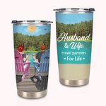 Personalised Travel Partners for Life Couple on Chairs with Lakeside View 20oz Tumbler Valentine's Day Gift for Hot and Cold Drinks