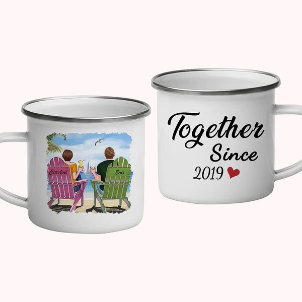 Personalizada Juntos Pareja Océano Cielo Azul Vacaciones Esmalte Taza Resistente y Duradera Cumpleaños San Valentín