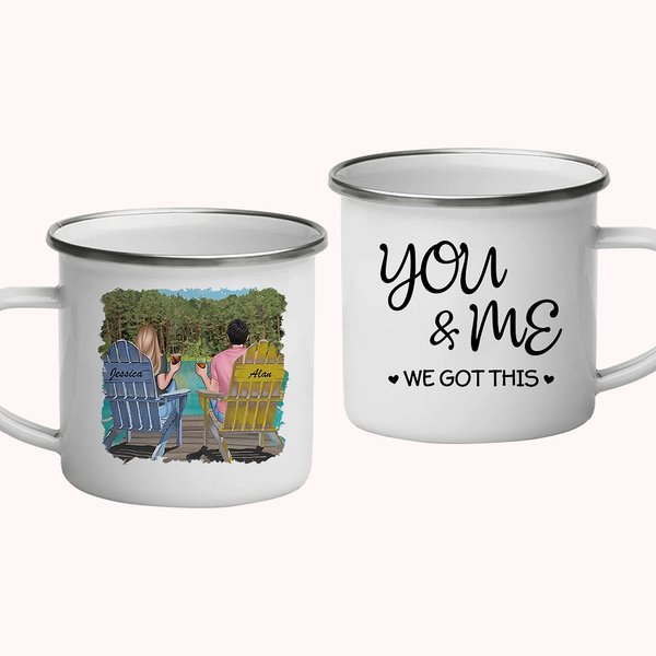 Gepersonaliseerde You and Me We Got This Vacation koppel Bos emaille mok met handvat Verjaardag Kerst Koppels