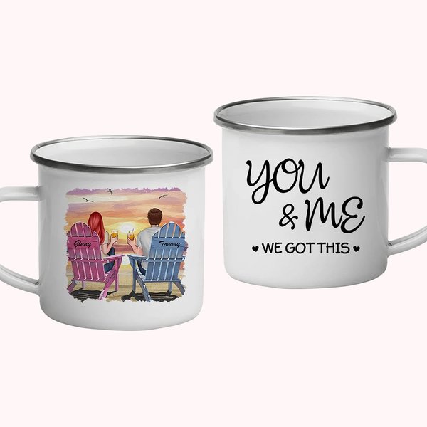 Personalized Beach Sunset Seagull Couple You and Me We Got This Enamel Mug with Handle Birthday Valentine's Day
