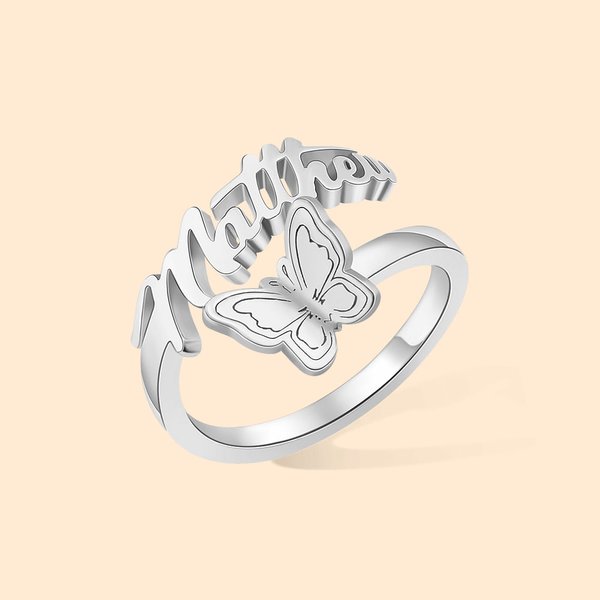 Personalized Birthstone and Birth Month Butterfly Name Ring