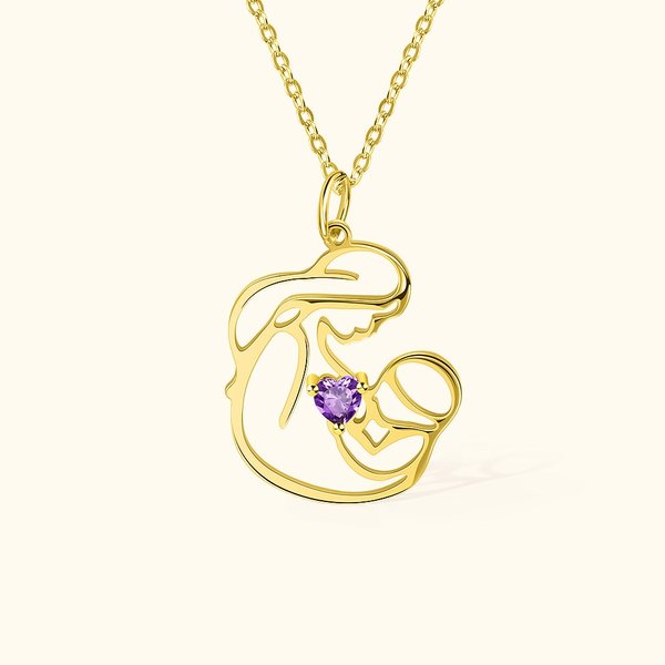 Personalized Sterling Silver Brass Mother and Child Necklace with Birthstone for Mother's Day or Newborn