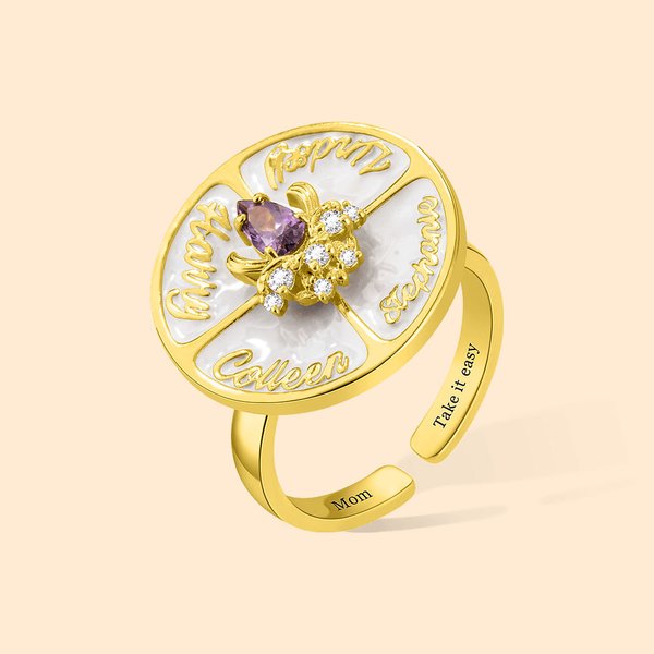 Anello personalizzato Spinner Round Wheel Fidget con pietra di nascita e nomi