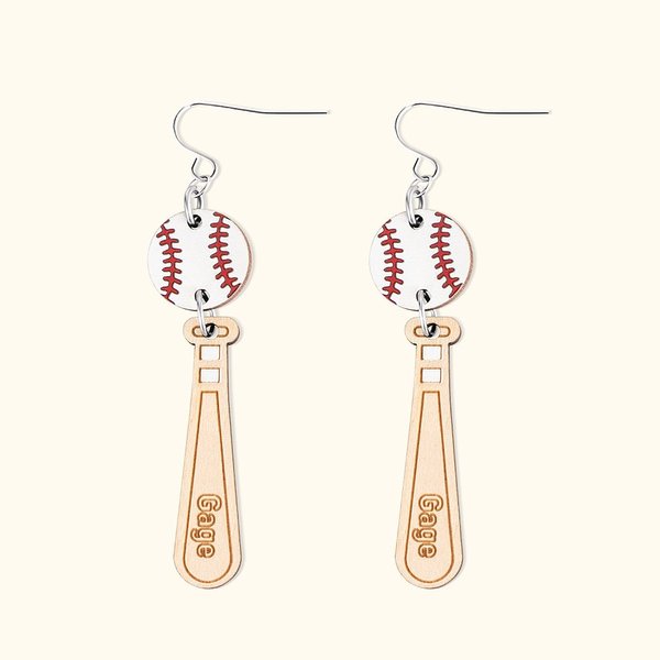 Personalized Wood Baseball Softball Sport Dangle Earrings with Engraved Name Birthday for Sports Players Fans