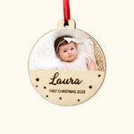 Boule à Photo en Bois Personnalisée avec Nom et Photo Ornement de Sapin Cadeau de Premier Noël Anniversaire pour Bébé Nouveau-né