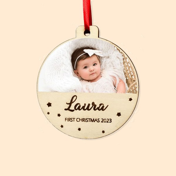 Boule à Photo en Bois Personnalisée avec Nom et Photo Ornement de Sapin Cadeau de Premier Noël Anniversaire pour Bébé Nouveau-né