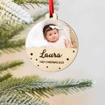 Boule à Photo en Bois Personnalisée avec Nom et Photo Ornement de Sapin Cadeau de Premier Noël Anniversaire pour Bébé Nouveau-né