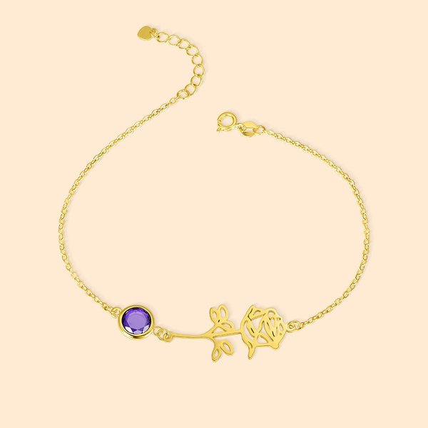 Bracelet de Cheville en Argent Sterling Personnalisé avec Pierre de Naissance et Fleur de Naissance Cadeau Anniversaire pour Femme