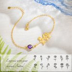 Bracelet de Cheville en Argent Sterling Personnalisé avec Pierre de Naissance et Fleur de Naissance Cadeau Anniversaire pour Femme