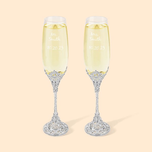 Personalized Laser Engraved Mr and Mrs Bride and Groom Champagne Glasses Toasting Flutes Set of 2 Wedding Gifts Wedding Keepsakes