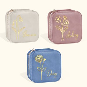 Personalisiertes Samt Schmuck Kästchen mit Geburtsblume Reise Tragbar Geschenk für Mutter Damen Brautjungfer